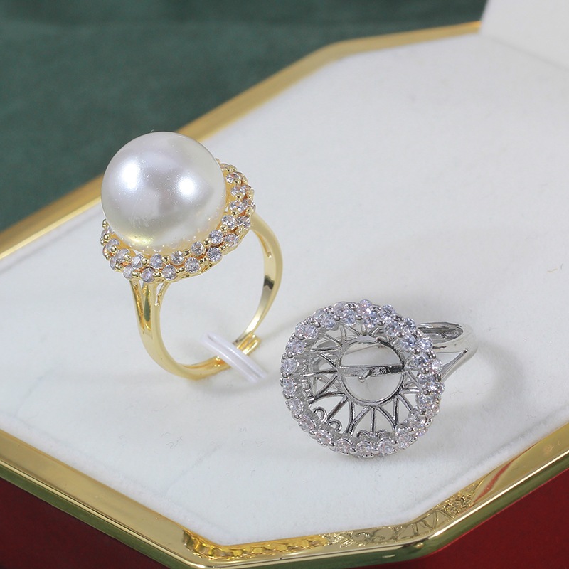 อุปกรณ์มุก DIY ทองแดงชุบทองรอบเต็ม Zirconia แหวนมุกดอกทานตะวันพร้อมขาตั้งเปิด