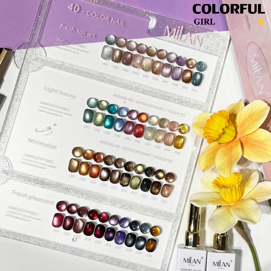 【พร้อมส่ง】MILAN 40สี    สีเจลแคทอายเนื้อซาติน+สีเจลแคทอาย  40สี    สีลูกแก้ว ฟรีชาร์ทสี Cat eye  40สี  (แถม ชาร์ทสี ทามาให้แล้ว)