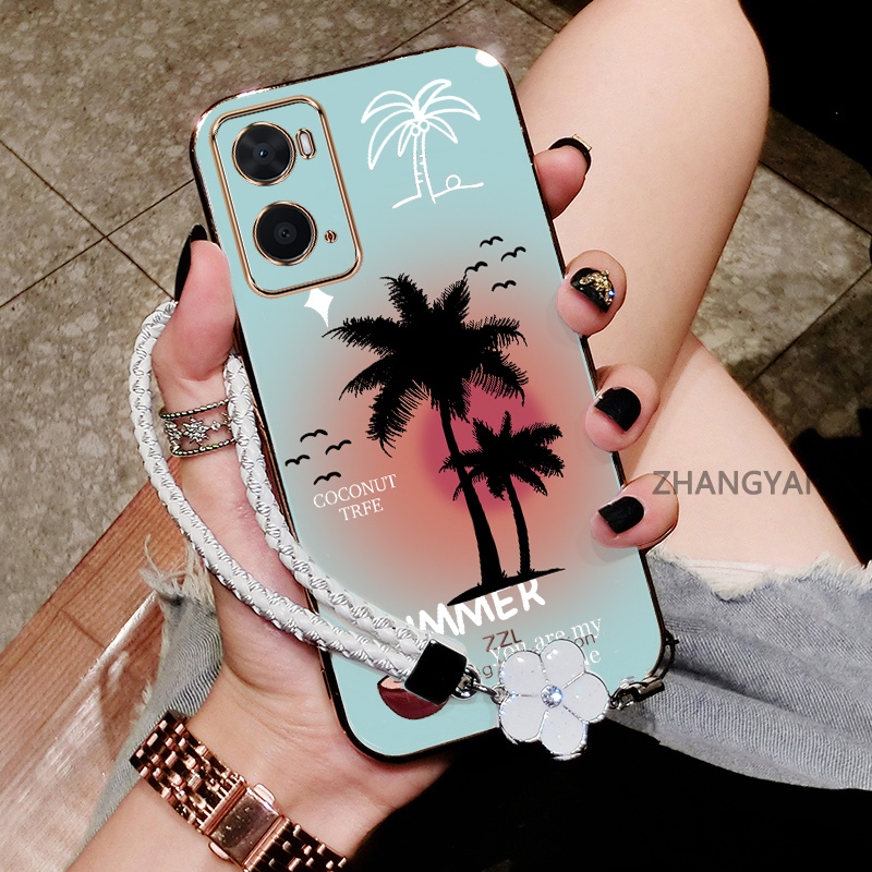 สําหรับ OPPO A36 4G A96 4G A76 4G ความงามออกแบบใหม่ไฟฟ้าซิลิโคนเคสโทรศัพท์ทิวทัศน์ที่สวยงามรูปแบบต้นมะพร้าวฟรีแขวนเชือก
