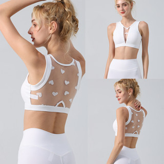 ชุดโยคะสองชิ้นพร้อมเบาะหน้าอกและเซ็กซี่กีฬาหัวใจตาข่ายประกบ