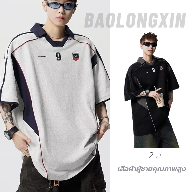 เป่าหลงซิน เสื้อโปโลสไตล์อเมริกันชายฤดูร้อน สูง ถนน ออกแบบพิมพ์เสื้อยืดหลวมรถจักรยานยนต์คู่แขนสั้น