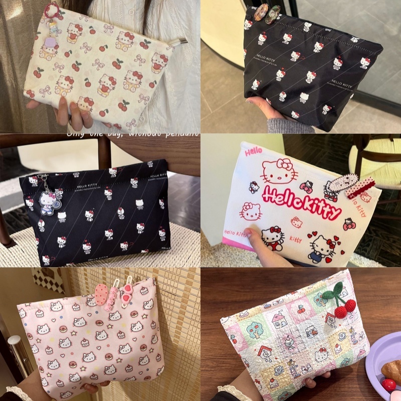 STHB น่ารัก Sanrio Hello Kitty กระเป๋าเครื่องสําอาง Sweet KT Cat ความจุขนาดใหญ่แบบพกพาผ้าใบกระเป๋าเก็บกระเป๋าเหรียญกระเป๋าแต่งหน้าของขวัญ TH