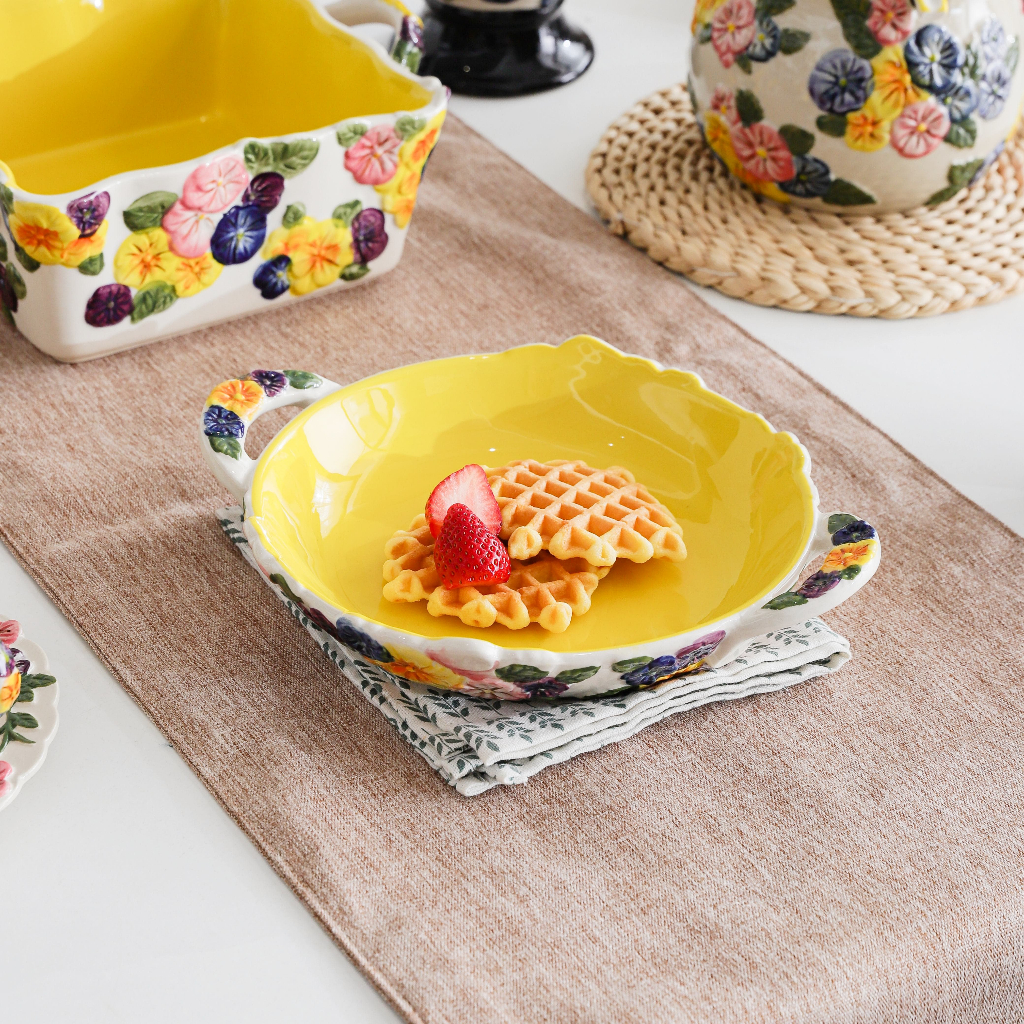 HongDian ชามเซรามิก ชุดโต๊ะ ceramic porcelain tableware ลายดอกไม้แกะสลักวาดมือ ชามหูคู่เซรามิก จานหูคู่ plate ใช้กับไมโครเวฟ และเครื่องล้างจาน ใช้เป็นชามบะหมี่หรือซุป ของขวัญพิเศษ เหมาะสำหรับบ้านหรือร้านอาหาร ทนความร้อนสูง ปลอดภัย สไตล์หรูหรา