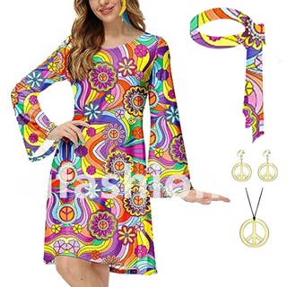 Rainbow 70s ผู้หญิง Hippie เครื่องแต่งกาย Retro พิมพ์ Flared…