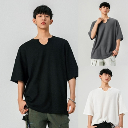 [แฟชั่นฤดูร้อน] ท็อปส์ซูบุคลิกภาพบางและเรียบง่ายสําหรับผู้ชายสไตล์เกาหลีถนนสีทึบแขนสั้นเป็นกลางสีดําสีขาวสีเทาเสื้อยืดใหม่ส