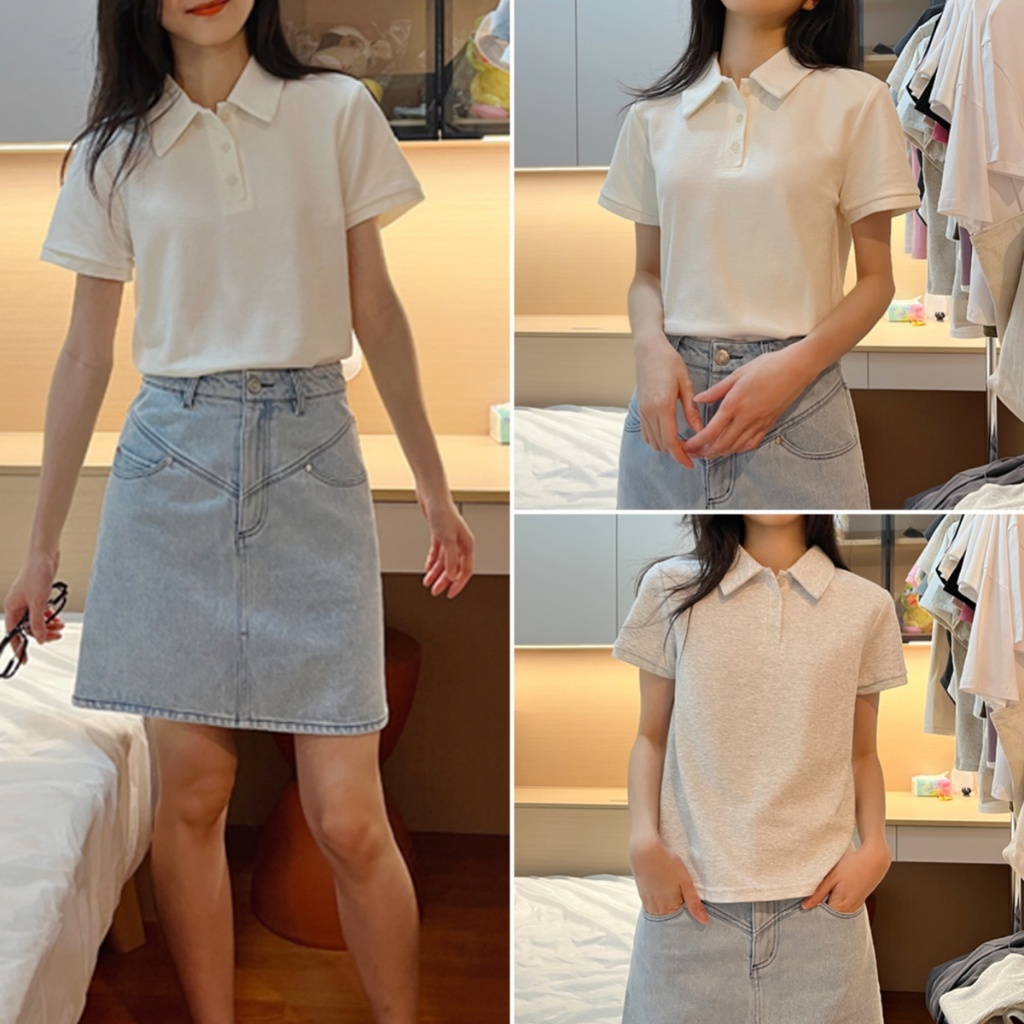 Bella shop🌻เสื้อยืดสวยๆผู้หญิง เสื้อโปโลเบสิค สไตล์เกาหลีเรียบง่าย แขนสั้น สีพื้น ผ้าเนื้อนุ่ม สวมใส
