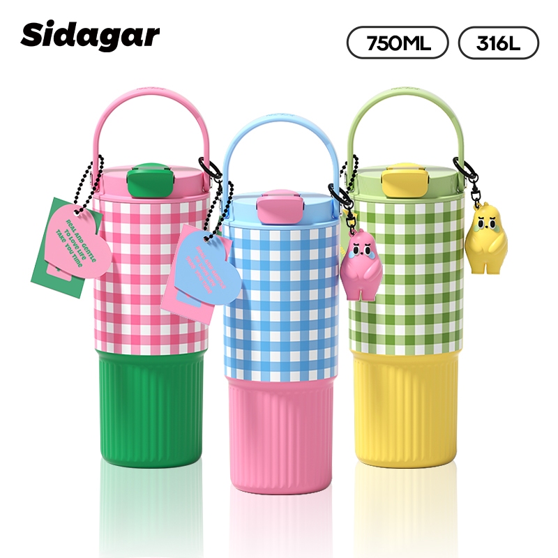 Sidagar ลายสก๊อต แก้ว สแตนเลส 750มล ความจุขนาดใหญ่ ร้อนและเย็น ถ้วยสูญญากาศ นอกบ้าน แบบพกพา แก้วเก็บความเย็น