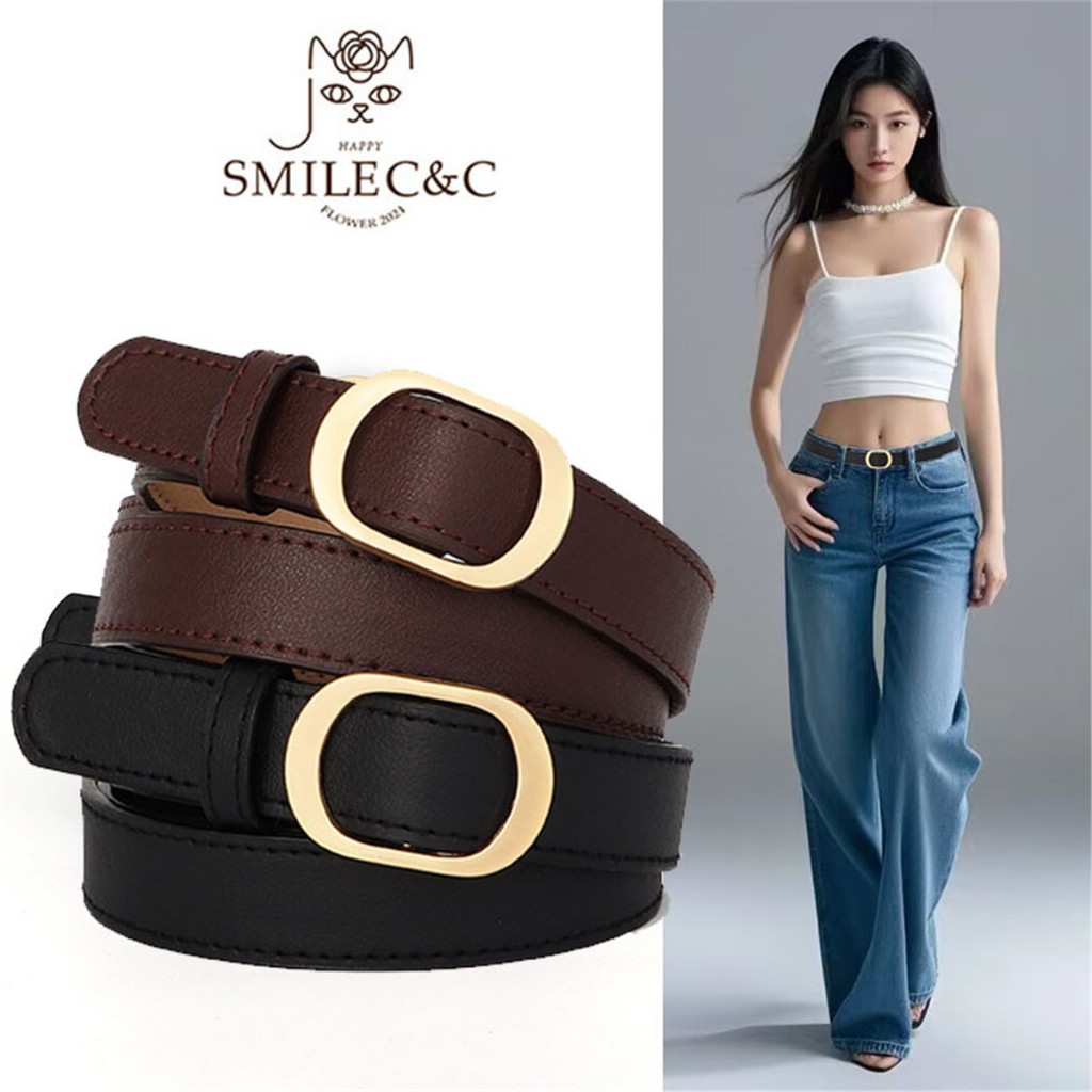 SmileFairyCC【COD & พร้อมส่ง】 เข็มขัดหนัง PU หัวเข็มขัดทรงกลมสำหรับผู้หญิง ดีไซน์หมุด เหมาะสำหรับกางเกงยีนส์