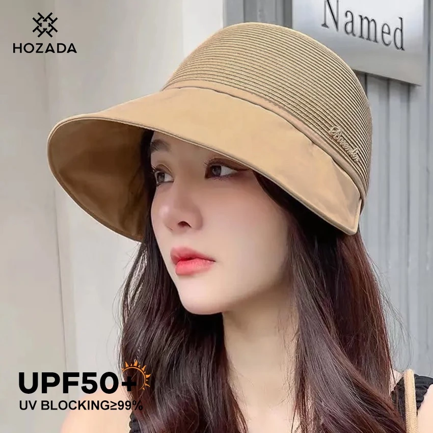 HOZADA ผู้หญิงอาทิตย์ผู้หญิงชายหาดอาทิตย์ กระบังหน้า หมวกลําลองถักอาทิตย์แบบพกพาชายหาดหมวกขนาดใหญ่ขอบหมวกป้องกันแสงแดดป้องกันรังสียูวีสําหรับฤดูร้อนเดินท
