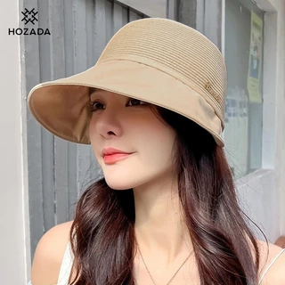 HOZADA ผู้หญิงอาทิตย์ผู้หญิงชายหาดอาทิตย์ กระบังหน้า หมวกลําลองถักอาทิตย์แบบพกพาชายหาดหมวกขนาดใหญ่ขอบหมวกป้องกันแสงแดดป้องกันรังสียูวีสําหรับฤดูร้อนเดินท