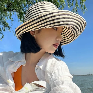 HOZADA ผู้หญิงอาทิตย์หมวกลายออกแบบหมวกชายหาดพับอาทิตย์หลักฐานหมวกสบายๆดวงอาทิตย์แบบพกพาขนาดใหญ่ปีกป้องกันแสงแดดป้องกันรังสียูวีสําหรับฤด
