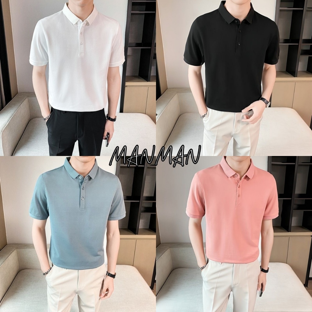 MANMAN ผู ้ ชายสีทึบแขนสั ้ นฤดูร ้ อนแขนสั ้ นธุรกิจเสื ้ อโปโลลําลองมี 4 สี
