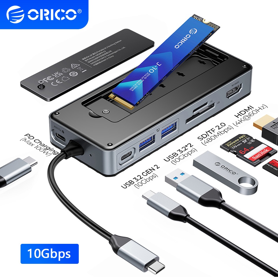 100% Original ORICO M.2 SSD Enclosure 10Gbps USB C Hub 4K 60Hz HDMI RJ45 SD/TF PD 100W Docking Station M2 NVMe ภายนอกสําหรับแล็ปท็อปพีซี