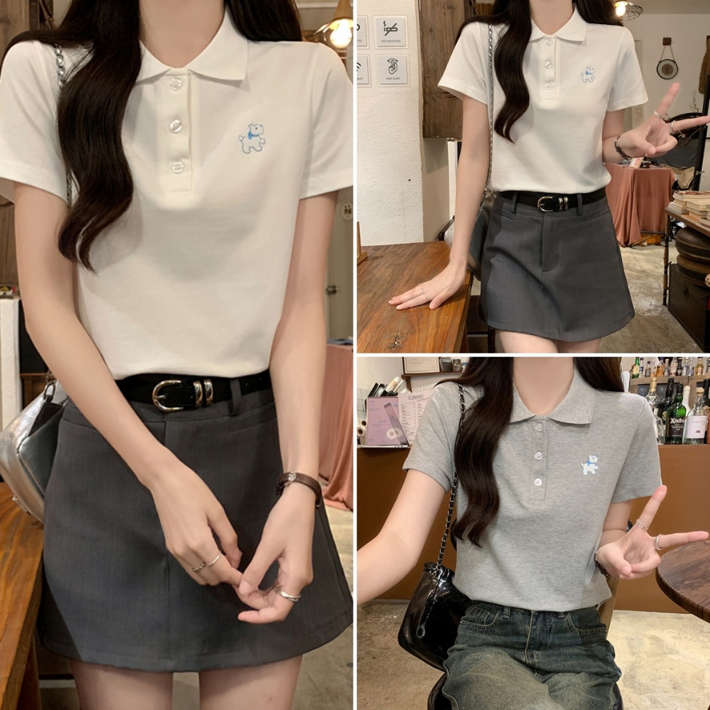Betty house🌸พร้อมส่ง เสื้อยืดสวยๆผู้หญิง สีพื้น เสื้อยืด ปักลายลูกสุนัขสไตล์วิทยาลัยเพื่อลดอายุ