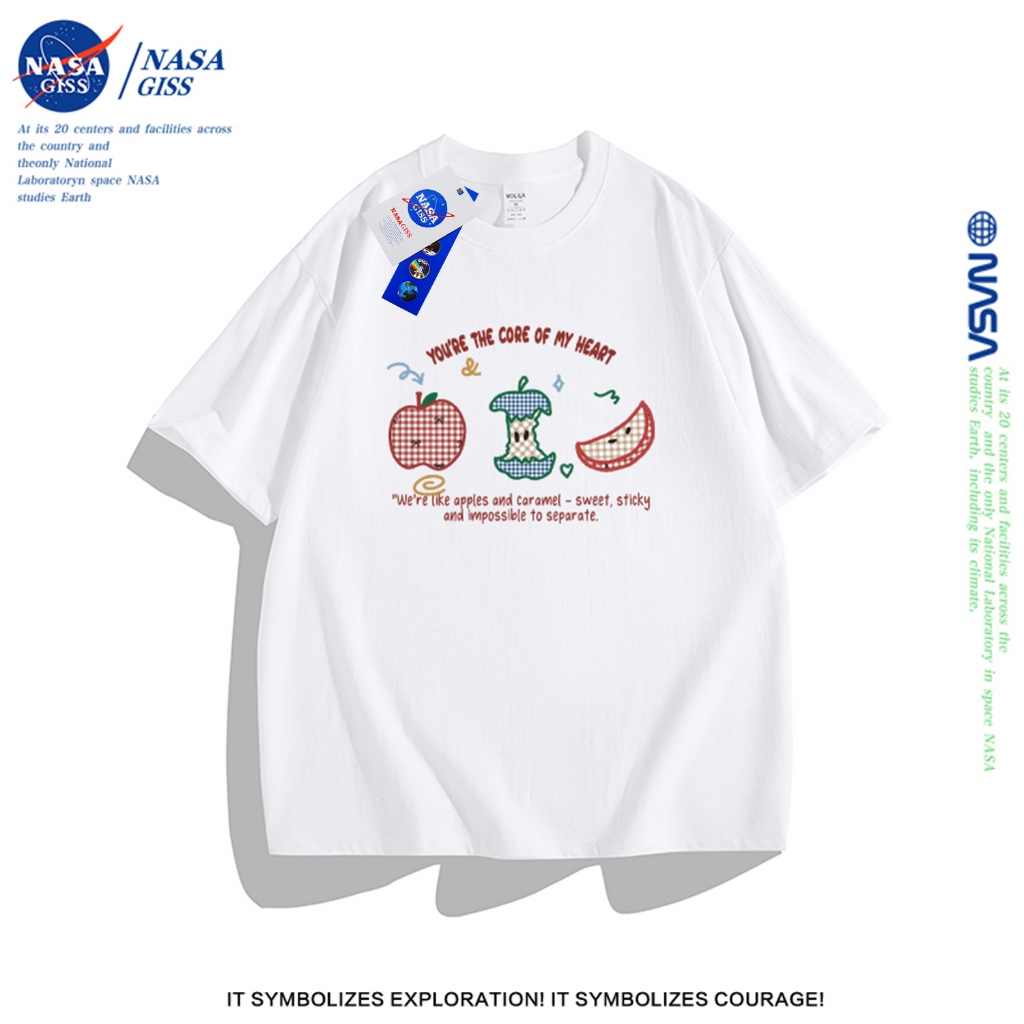 NASA เสื้อยืดหญิงชาย สไตล์เกาหลี เสื้อ summer 2025 แอปเปิลพิมพ์ลาย เสื้อยืด cotton คอกลม ทรงหลวม ระบายอากาศ