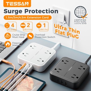 TESSAN Extension Wire with USB+Type C,Flat Plug Power Strip Portable Extension Cord High Quality