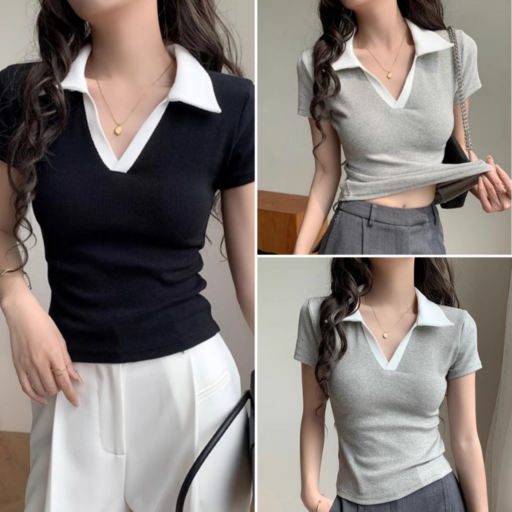 Luna Shop พร้อมส่ง เสื้อยืดเข้ารูปทรงผู้หญิง เสื้อยืดคอวี สีพื้น  สไตล์เกาหลีเรียบง่าย เนื้อผ้าบางใส่สบาย