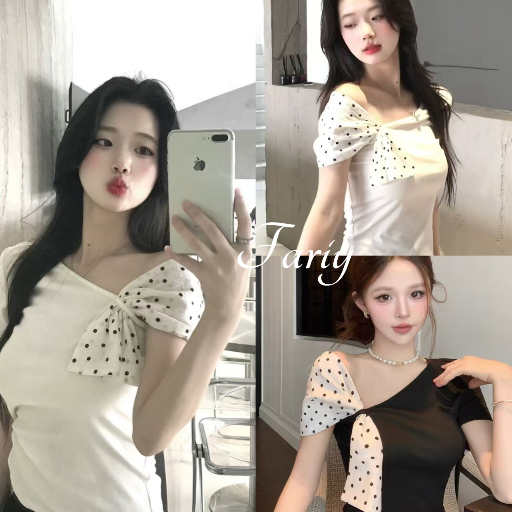 Fariy🍒พร้อมส่ง🍒สไตล์เกาหลีไหล่เฉียงผิดปกติลายจุดเย็บแขนสั้นเสื้อยืดผู้หญิงฤดูร้อนสาวร้อนบรรยากาศผอม