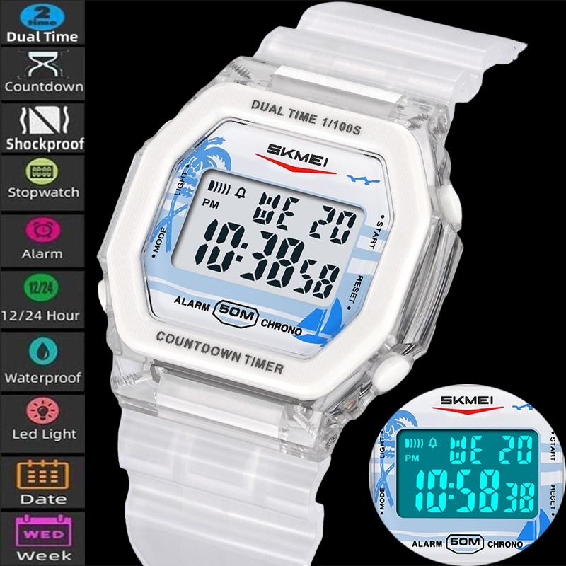 Skmei Womens LED Chronograph Fashion TPU Strap 50m กันน้ําว่ายน้ํานาฬิกาดิจิตอลวันที่สัปดาห์จอแสดงผล Dual Time