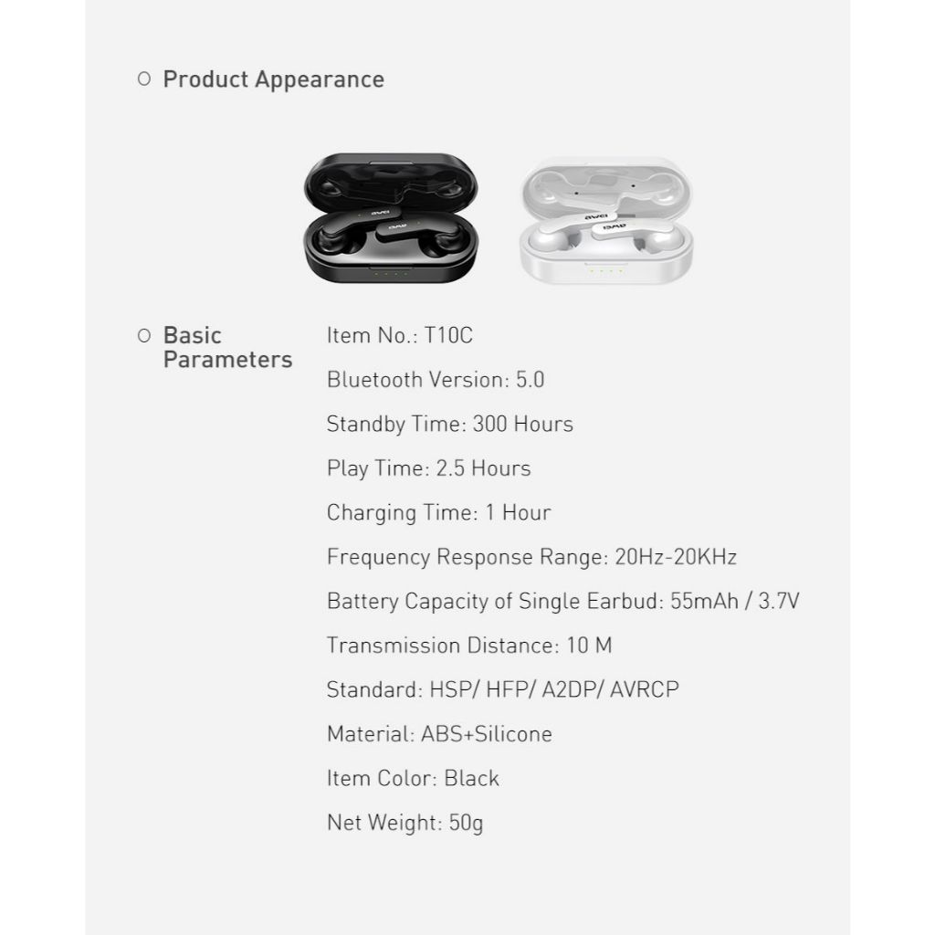 Awei T10C หูฟังบลูทูธไร้สาย TWS Bluetooth Earphone เสียงเบสหนัก ด้วยไมโครโฟนมีไมค์