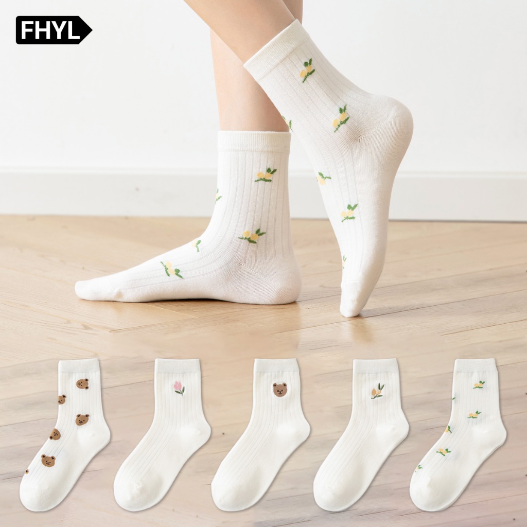 FHYL ใหม่ ถุงเท้าข้อยาว ลายหมีน่ารัก สีพื้น สไตล์เกาหลี ญี่ปุ่น แฟชั่นฤดูร้อน