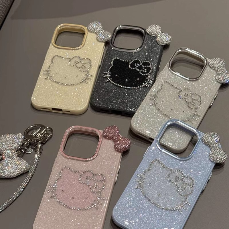 Hello Kitty หรูหรา 3D แฟลชเพชรโบว์ Glitter เคสโทรศัพท์สําหรับ iPhone 16 15 14 Pro Max Silver Blingbling กันกระแทกปกหลัง
