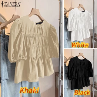 ZANZEA ผู้หญิงเกาหลีสตรีทอินเทรนด์คอกลมแขนโคมไฟจีบเสื้อประกบ