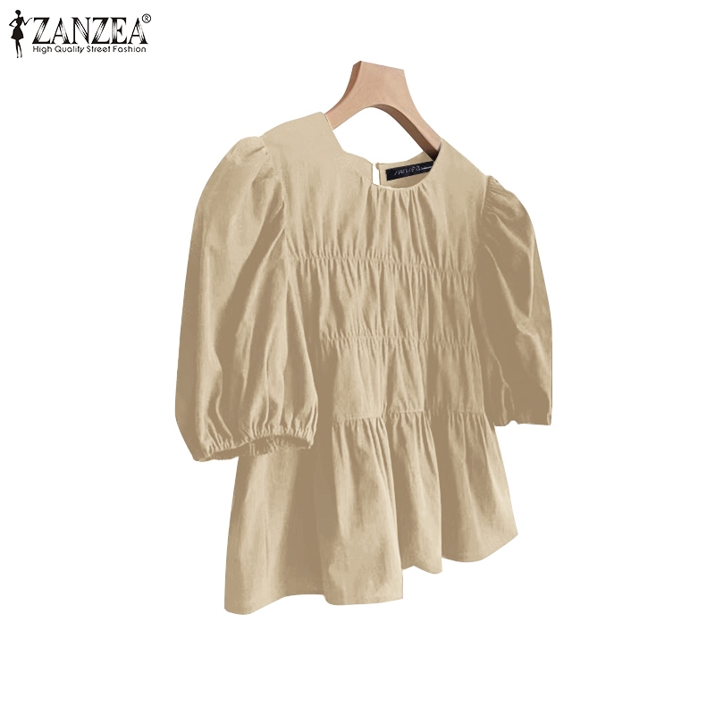 ZANZEA ผู้หญิงเกาหลีสตรีทอินเทรนด์คอกลมแขนโคมไฟจีบเสื้อประกบ