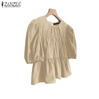 ZANZEA ผู้หญิงเกาหลีสตรีทอินเทรนด์คอกลมแขนโคมไฟจีบเสื้อประกบ