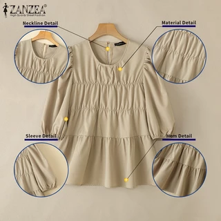 ZANZEA ผู้หญิงเกาหลีสตรีทอินเทรนด์คอกลมแขนโคมไฟจีบเสื้อประกบ