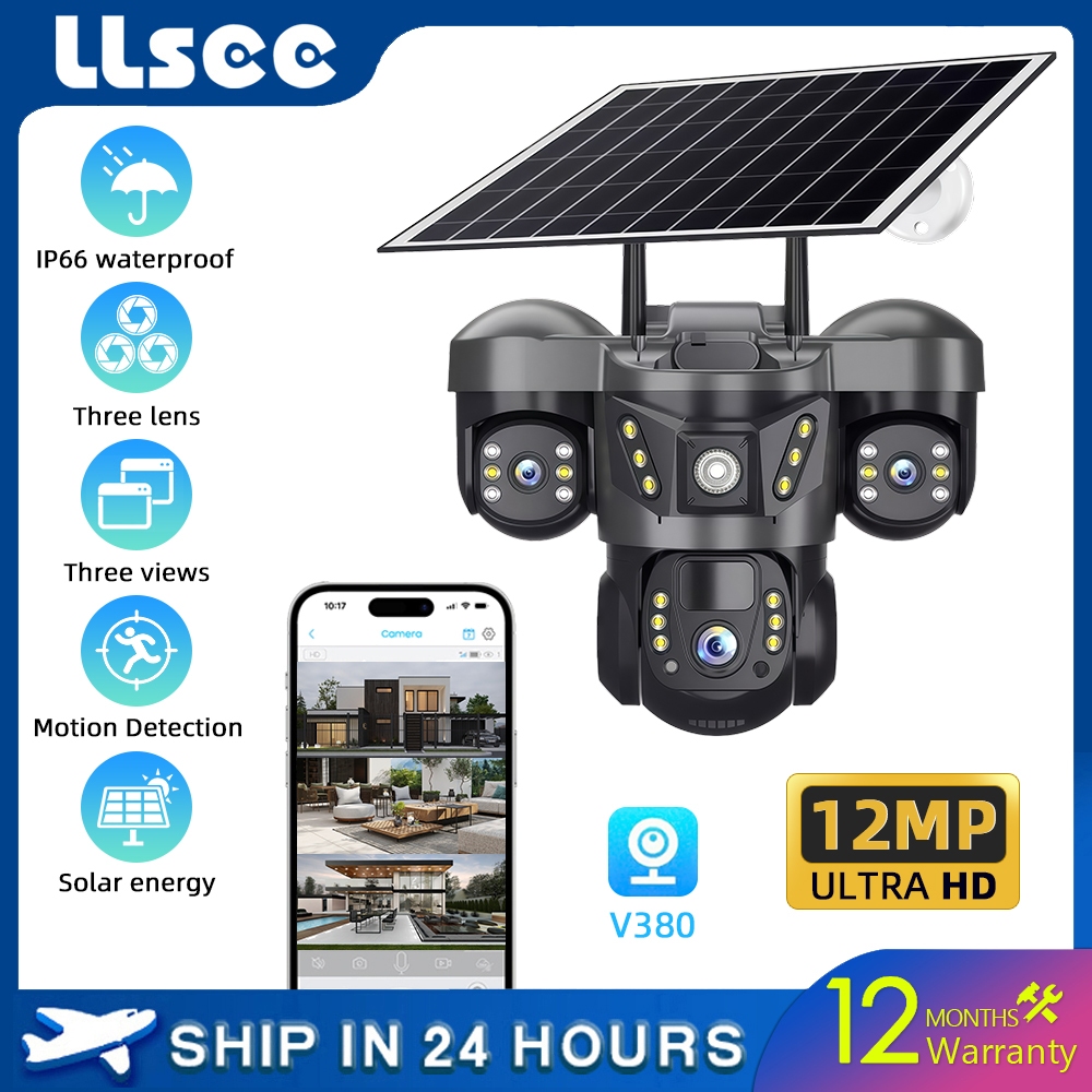 LLSEE v380 pro 6K 3 เลนส์ 3 หน้าจอ 12MP กันน้ำกลางแจ้งกล้องแสงอาทิตย์ 4G ซิมการ์ดไร้สาย wifi 360 การ