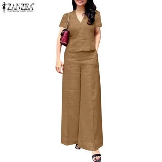 ZANZEA ซานเซีย ผู้หญิงเกาหลีลําลองคอวีแขนสั้นเอวยางยืดชุดสองชิ้นขากว้าง