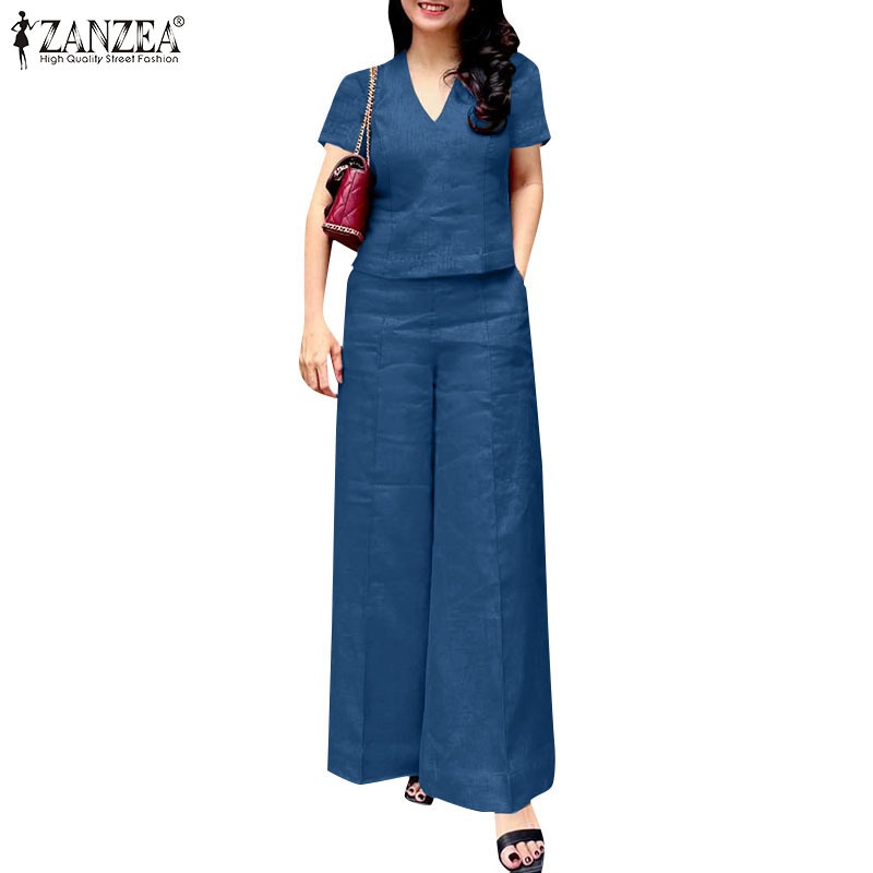 ZANZEA ซานเซีย ผู้หญิงเกาหลีลําลองคอวีแขนสั้นเอวยางยืดชุดสองชิ้นขากว้าง