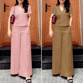 ZANZEA ซานเซีย ผู้หญิงเกาหลีลําลองคอวีแขนสั้นเอวยางยืดชุดสองชิ้นขากว้าง