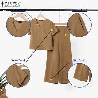 ZANZEA ซานเซีย ผู้หญิงเกาหลีลําลองคอวีแขนสั้นเอวยางยืดชุดสองชิ้นขากว้าง
