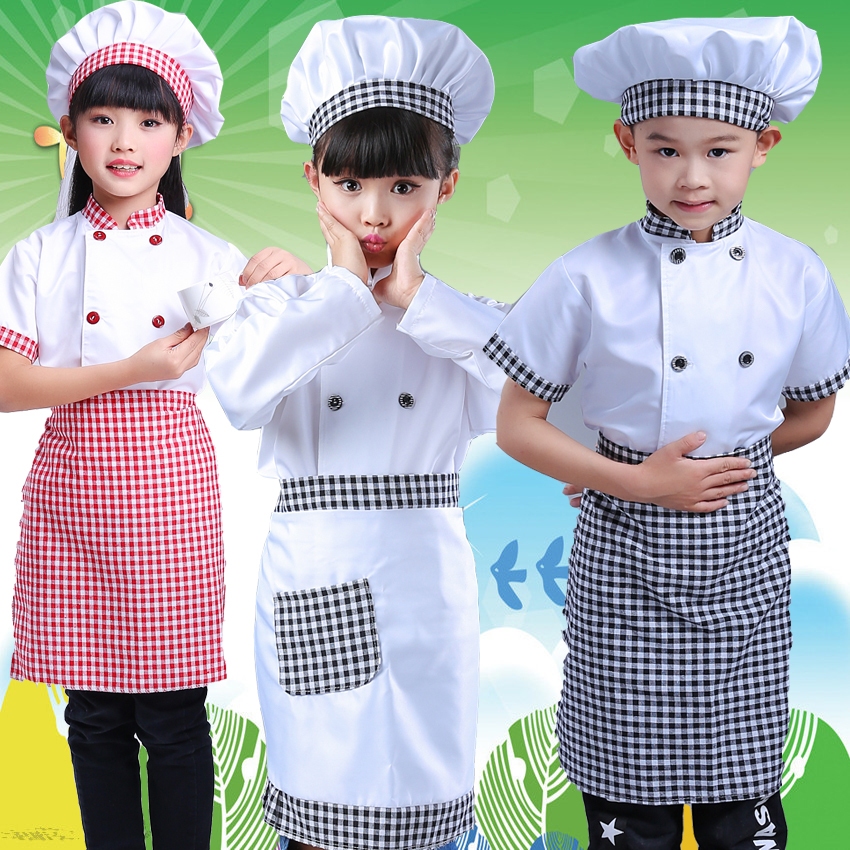 เอฟเอฟ ชุดเชฟเด็กแขนสั้นเชฟแจ็คเก็ตเด็กบทบาทเล่นชุดนักเรียน 3พีซี หมวก + ผ้ากันเปื้อน + สูงสุด