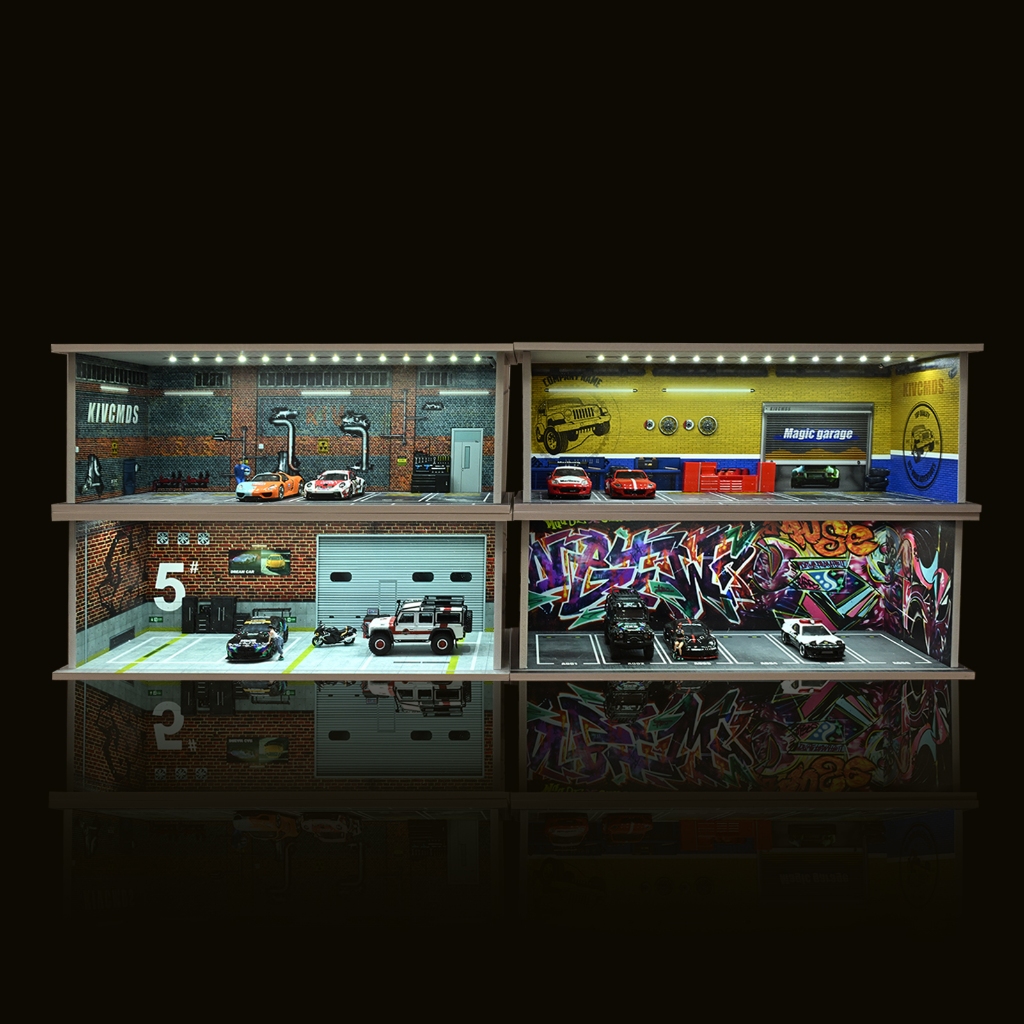 Diorama 1:64 รถโรงรถรุ่นพร้อมไฟ LED City Parking Lot รุ่นซ่อมรถการประชุมเชิงปฏิบัติการพื้นหลังฉากแสดงของขวัญรุ่น