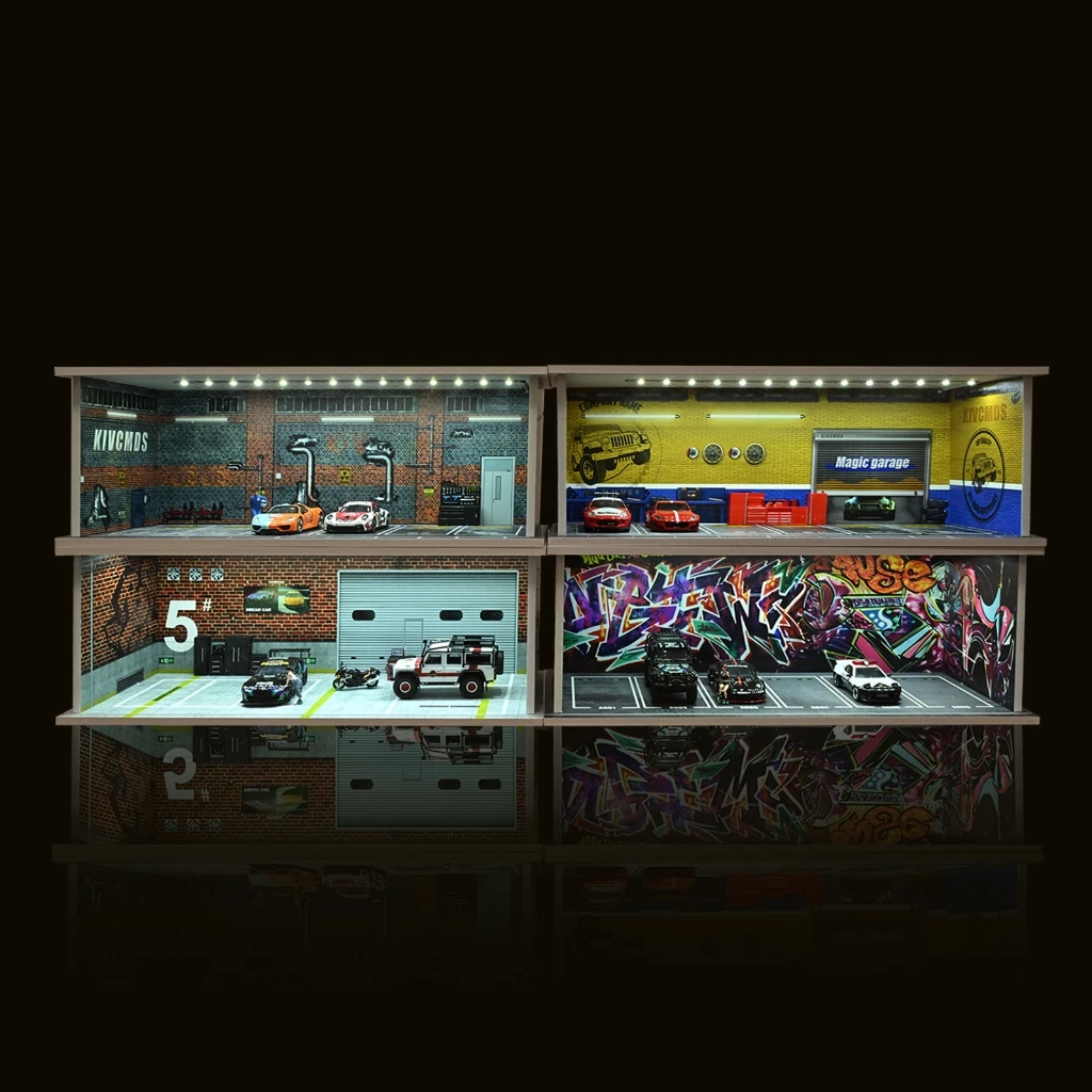 Diorama 1:64 รถโรงรถรุ่นพร้อมไฟ LED City Parking Lot รุ่นซ่อมรถการประชุมเชิงปฏิบัติการพื้นหลังฉากแสดงของขวัญรุ่น