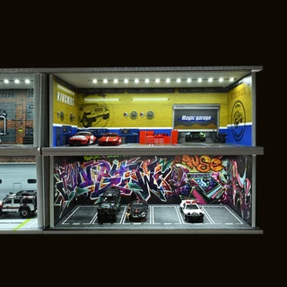 Diorama 1:64 รถโรงรถรุ่นพร้อมไฟ LED City Parking Lot รุ่นซ่อมรถการประชุมเชิงปฏิบัติการพื้นหลังฉากแสดงของขวัญรุ่น