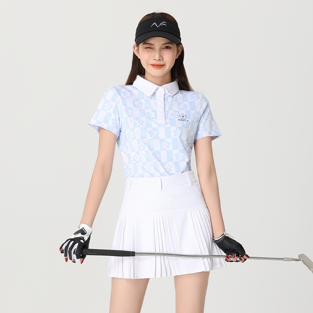 ชุดกอล์ฟผู้หญิงใหม่เสื้อโปโลแขนสั้นพิมพ์ลายฤดูร้อนแฟชั่นยืดหยุ่นกระชับสัดส่วนคุณภาพสูงแห้งเร็วระบายอากาศกลางแจ้งชุดกีฬาลําลองกระโ