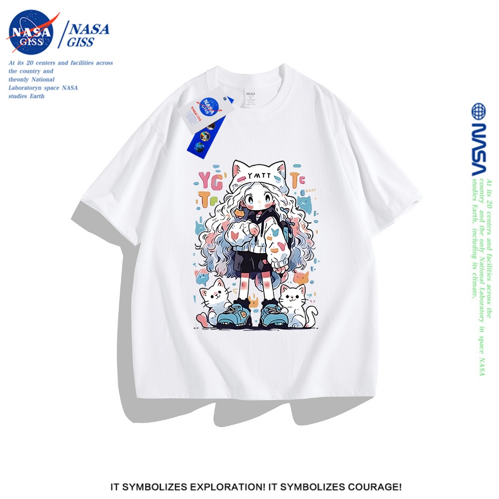 NASA เสื้อยืดหญิง สไตล์เกาหลี เสื้อ summer สาวแมวพิมพ์ลาย เสื้อยืด cotton คอกลม ทรงหลวม ระบายอากาศ
