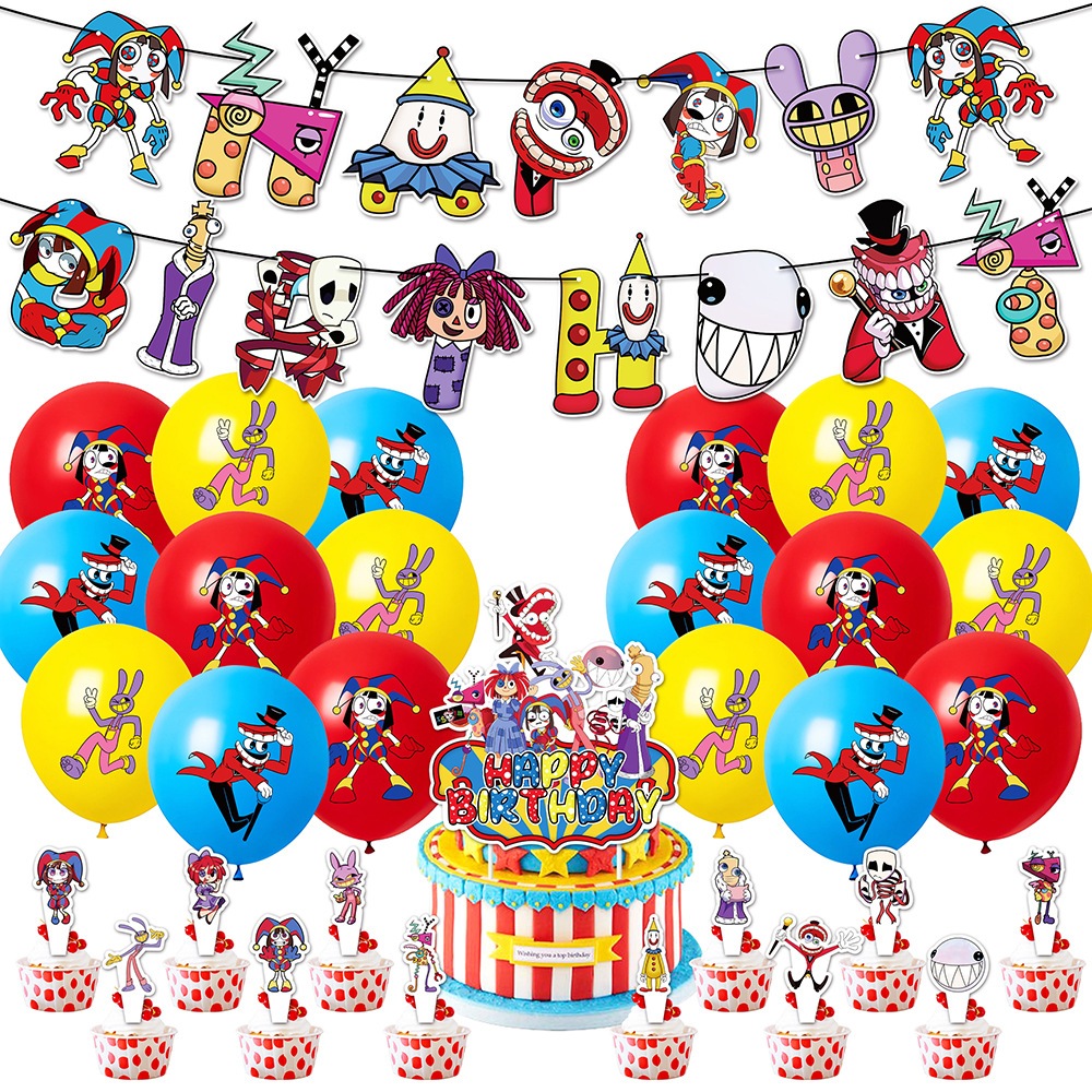 The Amazing Digital Circus Themed Party อุปกรณ์ตกแต่งแบนเนอร์เค้ก Topper Balloon Party Set