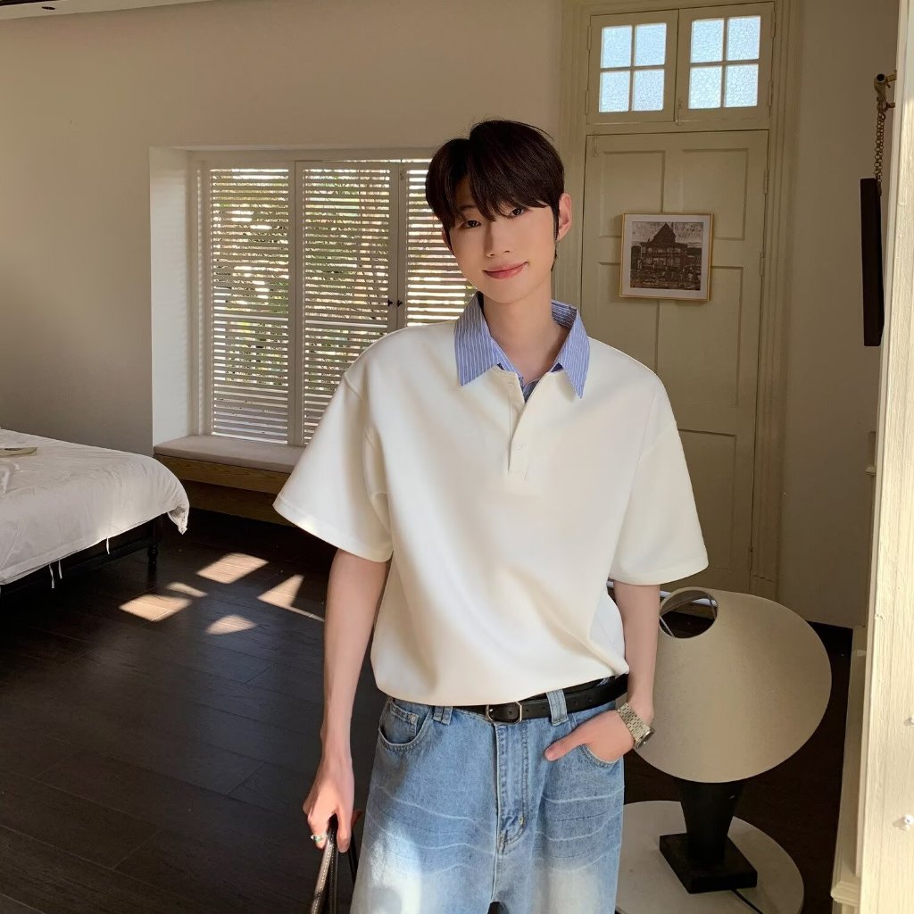 ปลอมสองชิ้นฤดูร้อน Street สวมใส่เย็บเสื้อยืดผู้ชายแขนสั้น Niche Design ครึ่งแขนหลวมเสื้อโปโลผู้ชาย m-3