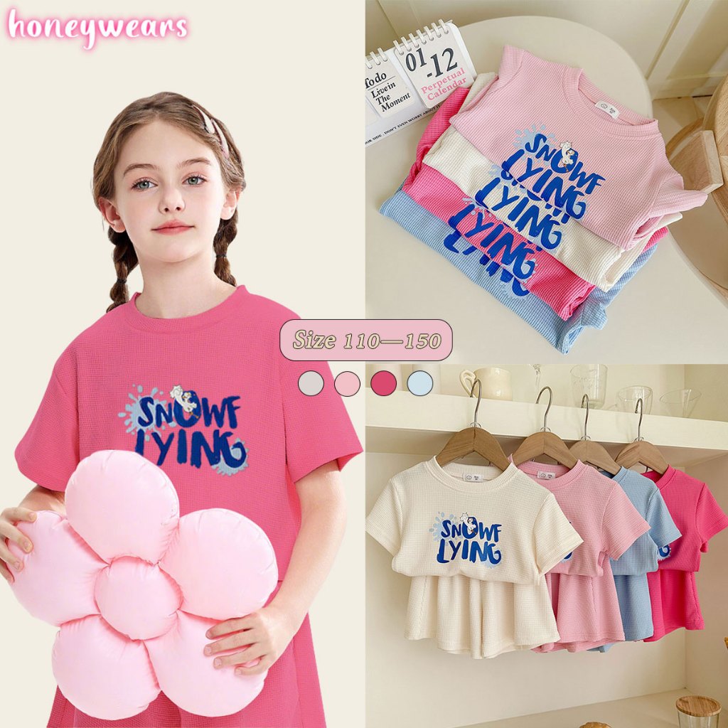 honeywears⚡️พร้อมส่ง⚡️ชุดแฟชั่นเด็ก เสื้อคอกลมแขนสั้น+กางเกงขาสั้น เซ็ต 2 ชิ้น ลายการ์ตูนน่ารักๆ ไซส์ 110-150
