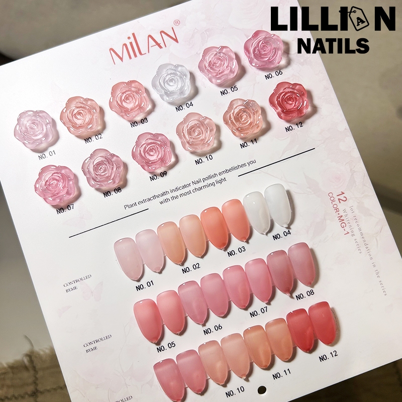 ✨พร้อมส่งในไทย✨สีเจล MILAN 12 สี สีเจลไซรัป โทนชมพู Ice Peach 12 สี กุหลาบ แถม ชาร์ท สุขภาพ