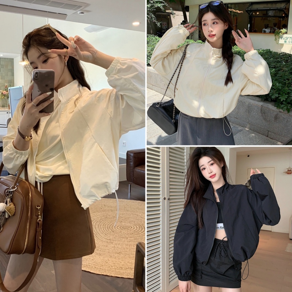 Luna Shop พร้อมส่ง เสื้อคลุมสั้นผู้หญิง เสื้อคลุมบางๆ สไตล์ลำลอง สีพื้น สไตล์เกาหลีเรียบง่าย ซิป