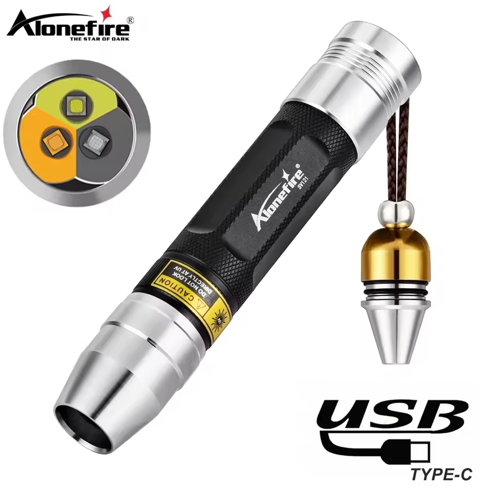 Alonefire SV121 สีขาวสีเหลือง UV 365nm ไฟฉาย LED USB ชาร์จเครื่องประดับหยกหินสัตว์เลี้ยงคราบ Tinea Marker Ore เงินแมงป่อง Light