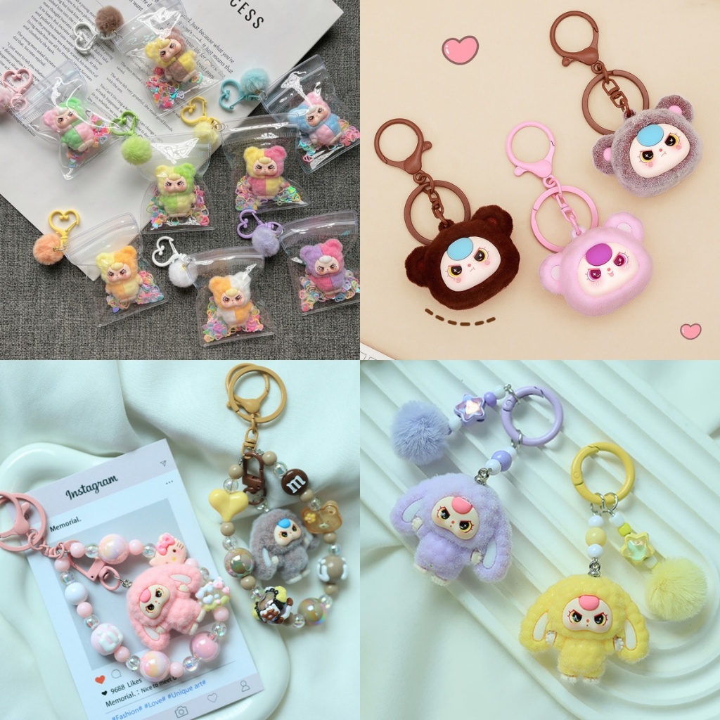 กระเป๋าเป้สะพายหลังจี้ Key Chain ตกแต่งพวงกุญแจกระเป๋าแขวนอุปกรณ์เสริมเด็กสามพวงกุญแจ DIY ตุ๊กตาสาว Flocking น่ารัก Creative