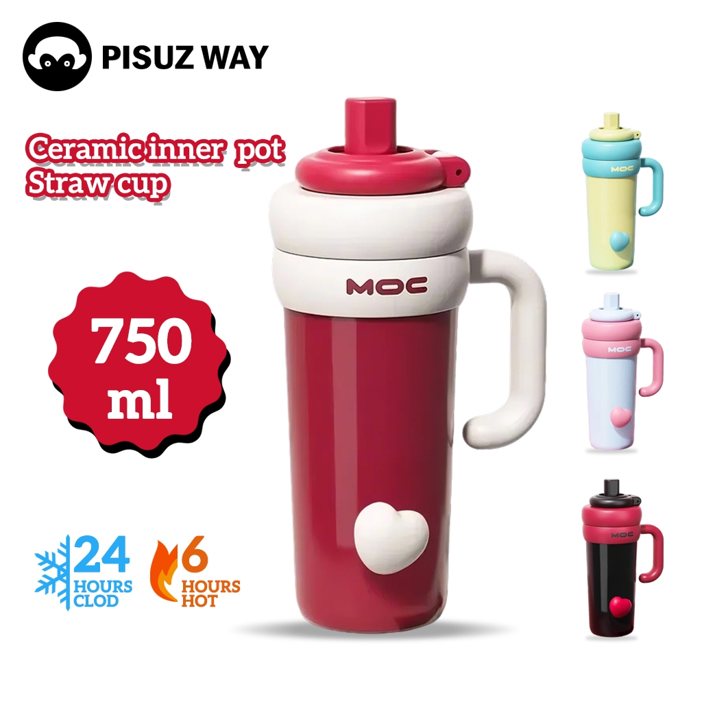 [Pisuz Way]ถ้วยน้ำซับเซรามิกพร้อมที่จับ ถ้วยน้ำแข็ง 750 มล. ขวดน้ำฉนวนสำหรับกีฬากลางแจ้ง