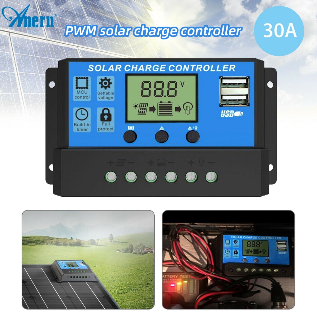 Anern 30A PWM คอนโทรลเลอร์ชาร์จพลังงานแสงอาทิตย์ 12V/24V การระบุอัตโนมัติตัวควบคุมแผงโซลาร์เซลล์ตัวควบคุมพลังงานแสงอาทิตย์พร้อมพอร์ต USB คู่